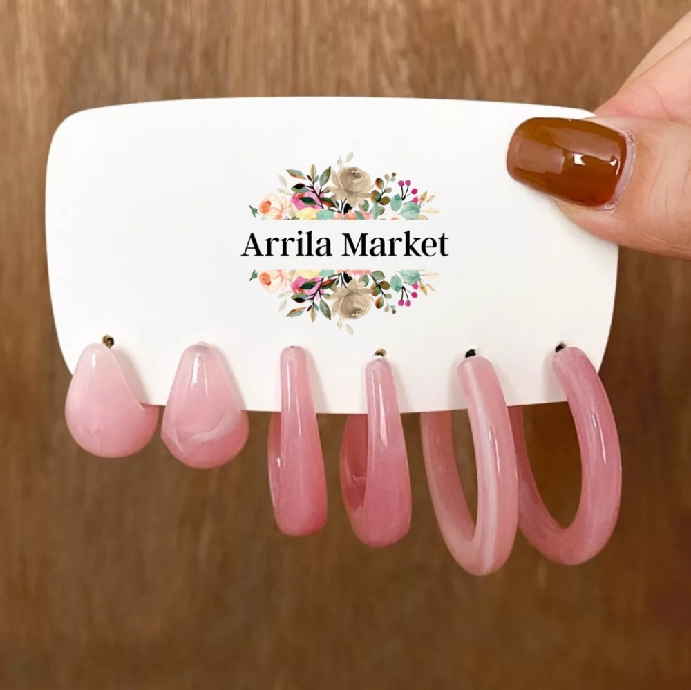 Cloudy Resin Hoop Earring Set - Pink